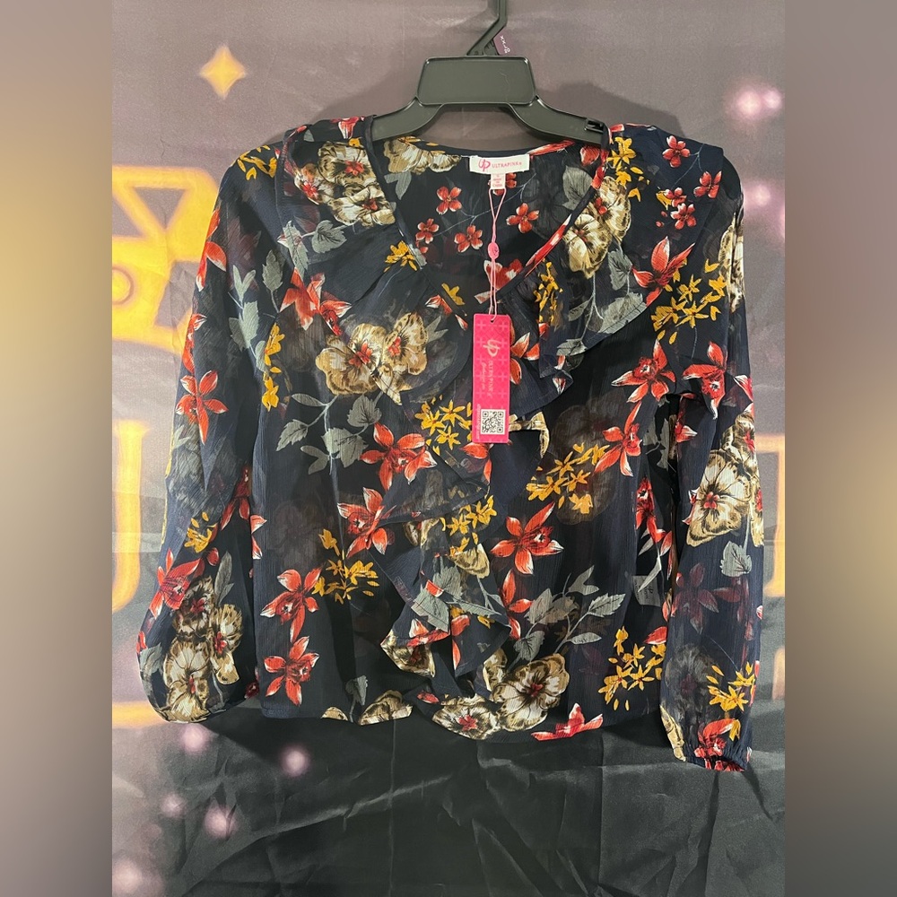 Ultra Pink Floral Blouse with Ruffle Detail - Black, Red, Yellow